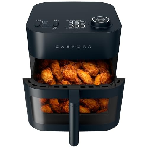 Chefman Crispinator Air Fryer 6-in-1 with 8 Qt capacity, 450°F Max Temp with TurboFry Pro Technology for Fast and Even Results, Viewing Window, Nonstick Ceramic Basket