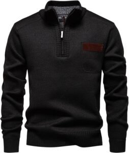 Men’s Quarter Zip Pullover Mock Neck Long Sleeve Knitted Sweaters Casual Slim Fit Polo Sweater