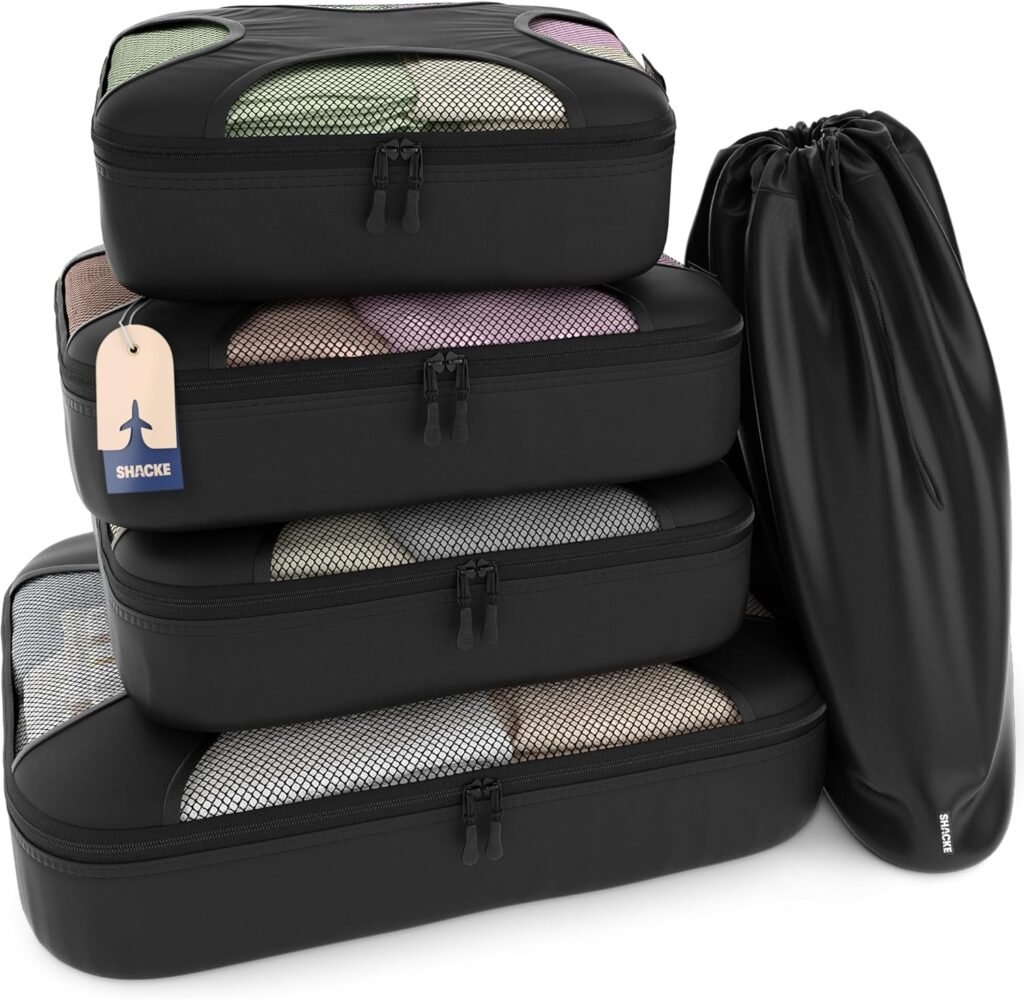 Shacke Premium 5 Packing Cubes Set – Lightweight Mesh Travel Luggage Organizers with Laundry Bag, 5-Piece Suitcase Storage System (Black)