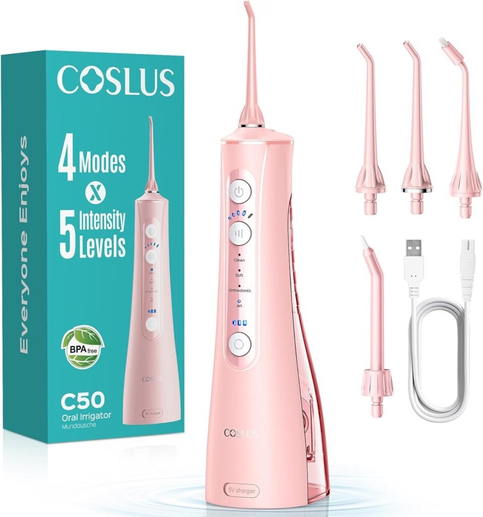 COSLUS Portable Water Flosser for Teeth: 4 Modes & 5 Intensity Levels Professional Electric Dental Pick for Sensitive Gums, Braces & Orthodontic – Cordless for Travel Use, for Adults, BPA-Free, Pink