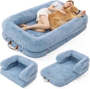 LE SURE Foldable Human Dog Bed – 3 in 1 Flexible Giant Human Dog Bed for Adult People with Supportive Bolster Egg Foam, Waterproof Liner, Calming Fluffy Faux Fur Orthopedic Big Bean Bed, Baby Blue