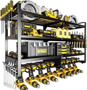 Large Power Tool Organizer Wall Mount,4 Layers Heavy Duty Metal Loads 400lbs,Power Tool Shelf Battery Storage with 8 Cordless Drill Holder,Utility Racks for Garage Workshop