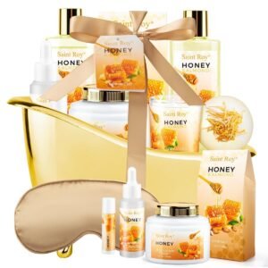 Christmas Gifts for Women Bath & Body Gift Set, Luxury Home Spa Bath Gift Basket, Honey Almond Scented Bath Set, Pamper Gifts Birthday gifts & Teens, Spa Kit Gift, Home Spa Gifts for Men Dad