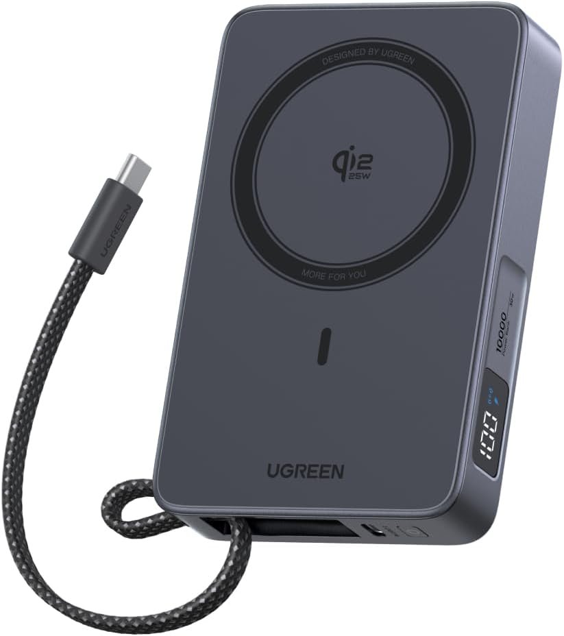 UGREEN MagFlow 10,000mAh Qi2 25W Magnetic Power Bank with Built-in USB-C Cable